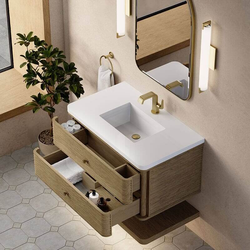 Allamari 36" Single Vanity Dune Mist in Single Hole Faucet White Zeus Silestone Corner View Open Drawer