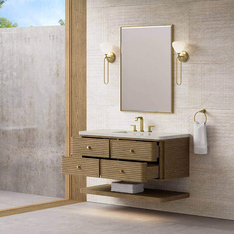 Allamari 48 Single Vanity Dune Mist in Siberian Silestone Top Corner View