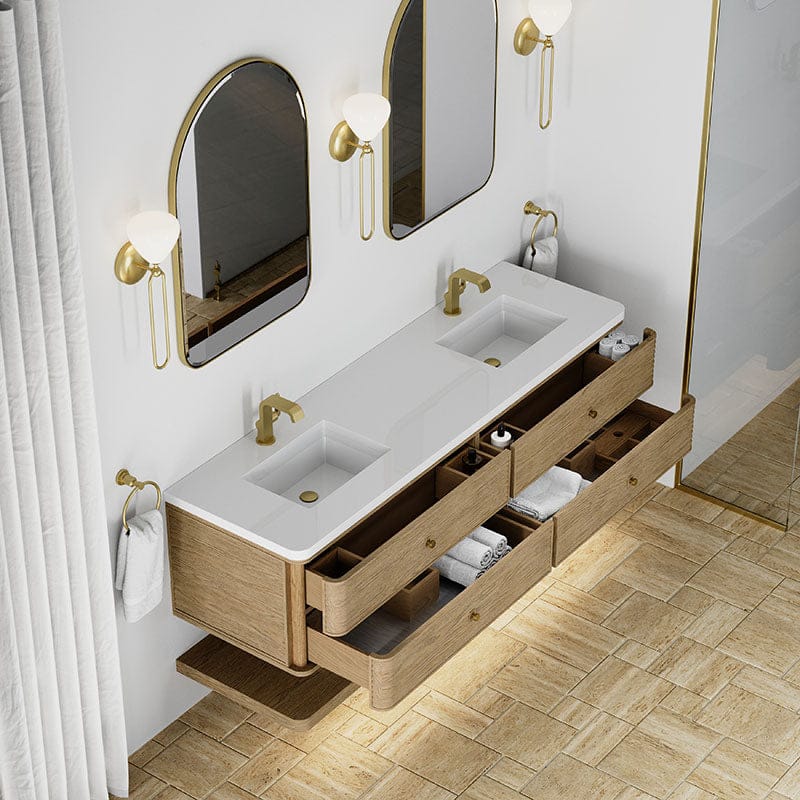 Allamari 72 Inch Double Vanity Dune Mist in Single Hole Faucet White Zeus Silestone Corner View Open Drawer