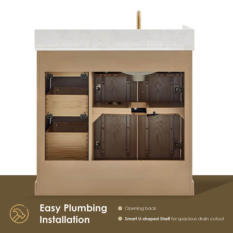 Altair Barnett 36 Single Bathroom Vanity with Top Natural Oak Back View