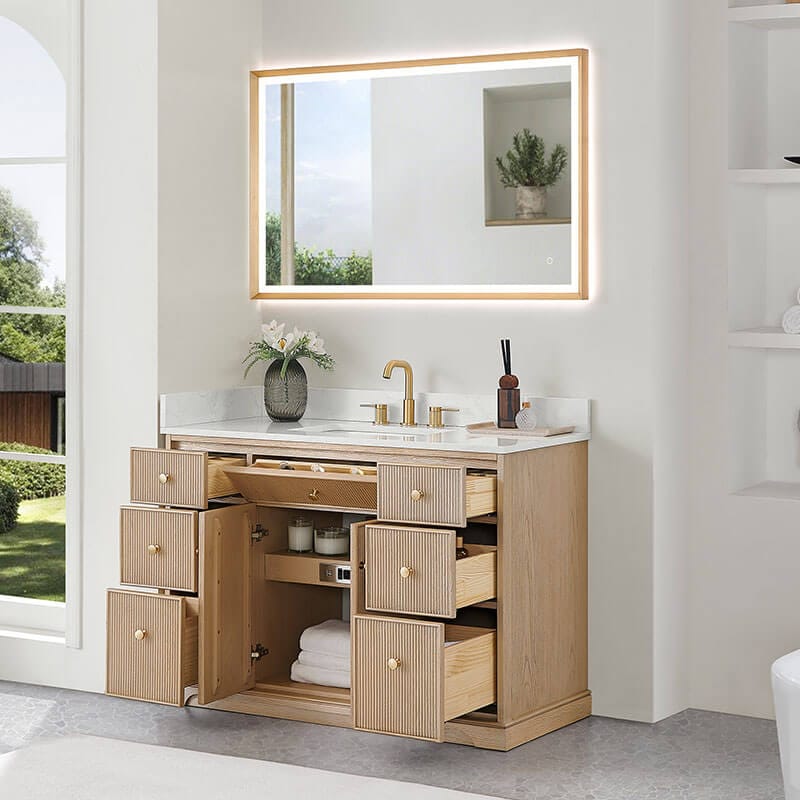 Altair Barnett 48 inch Single Bathroom Vanity with Top Natural Oak Open Drawer