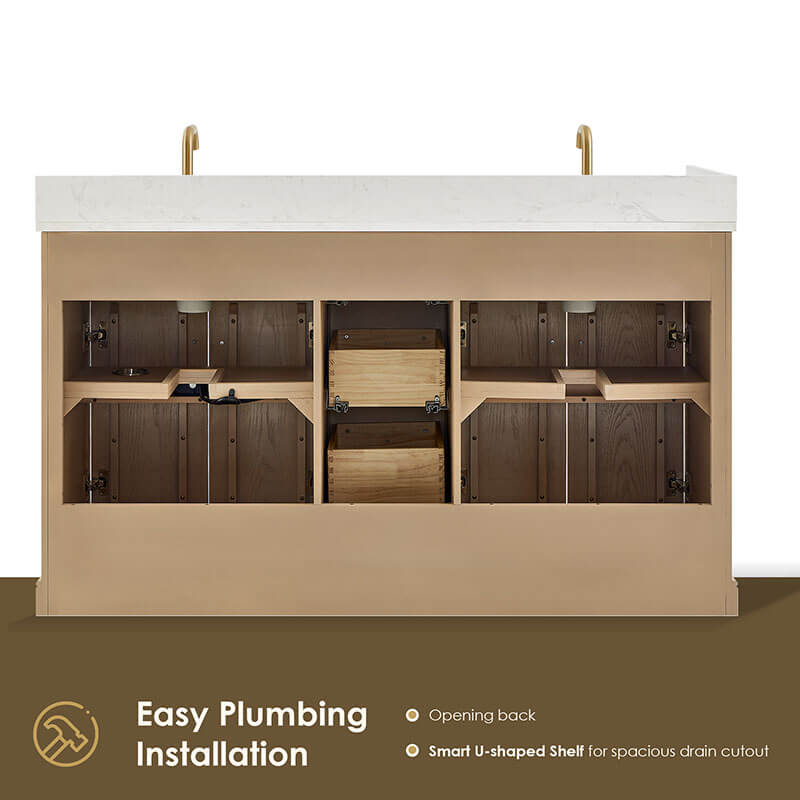 Altair Barnett 60 Double Bathroom Vanity with Top Natural Oak Back View