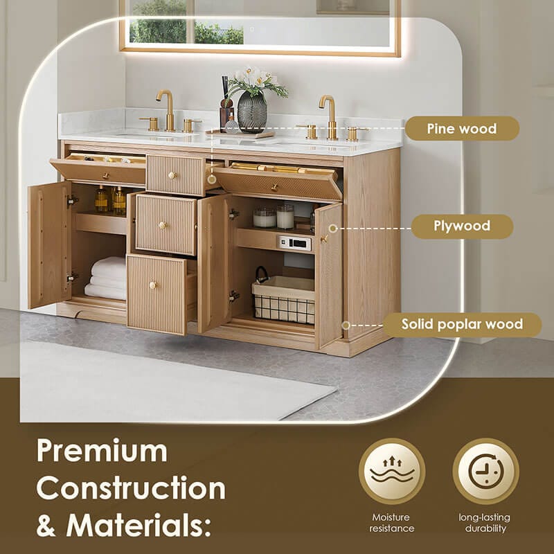 Altair Barnett 60 Double Bathroom Vanity with Top Natural Oak Premium Material