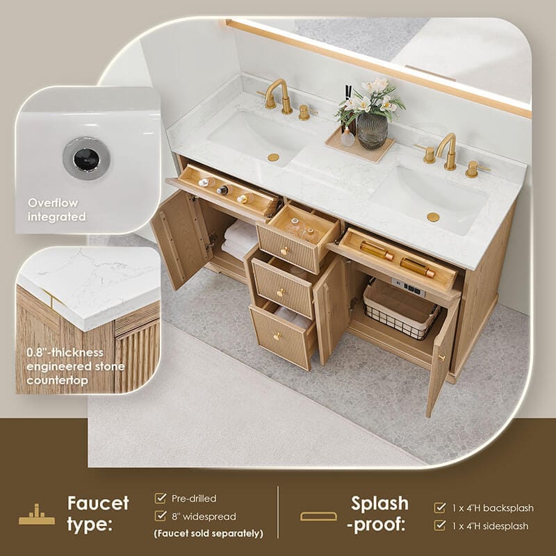 Altair Barnett 60 inch Double Bathroom Vanity with Top Natural Oak Countertop