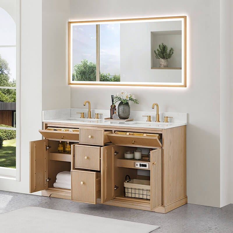 Altair Barnett 60 inch Double Bathroom Vanity with Top Natural Oak Open Drawer