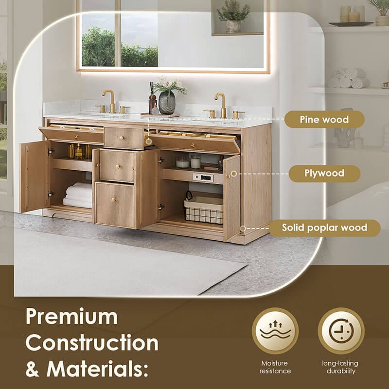 Altair Barnett 72 Double Bathroom Vanity with Top Natural Oak Premium Material