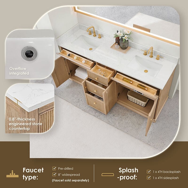 Altair Barnett 72 inch Double Bathroom Vanity with Top Natural Oak Countertop