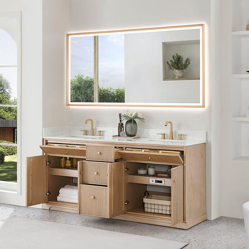 Altair Barnett 72 inch Double Bathroom Vanity with Top Natural Oak Open Drawer