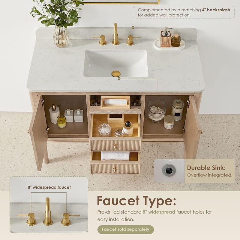 Altair Blaise 48 Inch Single Bathroom Vanity with Top Light Oak Countertop