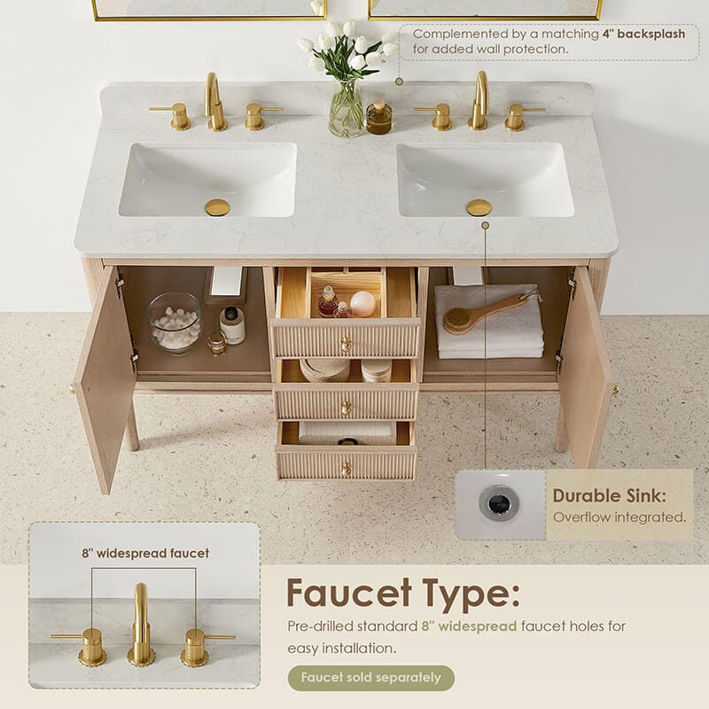 Altair Blaise 54 Double Bathroom Vanity with Top Light Oak Countertop
