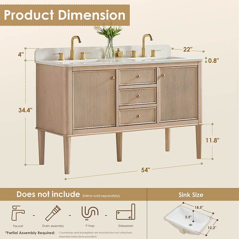 Altair Blaise 54 inch Double Bathroom Vanity with Top Light Oak Dimension
