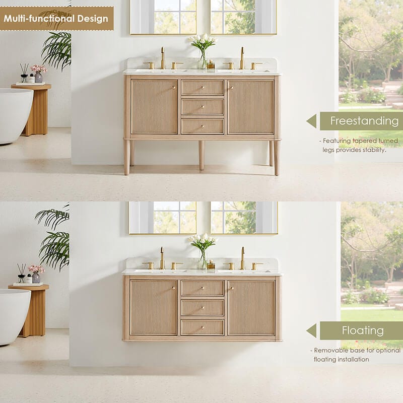 Altair Blaise 54 inch Double Bathroom Vanity with Top Light Oak Flaoting or Freestanding