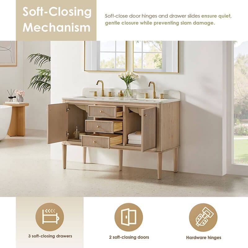 Altair Blaise 54 inch Double Bathroom Vanity with Top Light Oak Soft Close Drawer