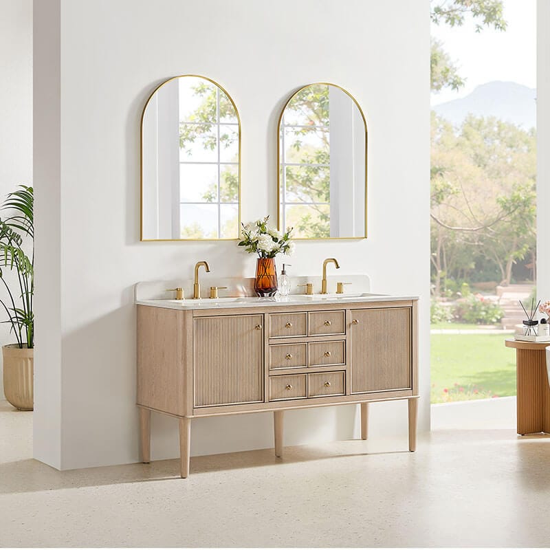 Altair Blaise 60 inch Double Bathroom Vanity with Top Light Oak Corner View