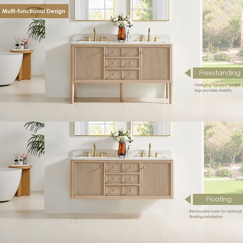Altair Blaise 60 inch Double Bathroom Vanity with Top Light Oak Freestanding of Floating