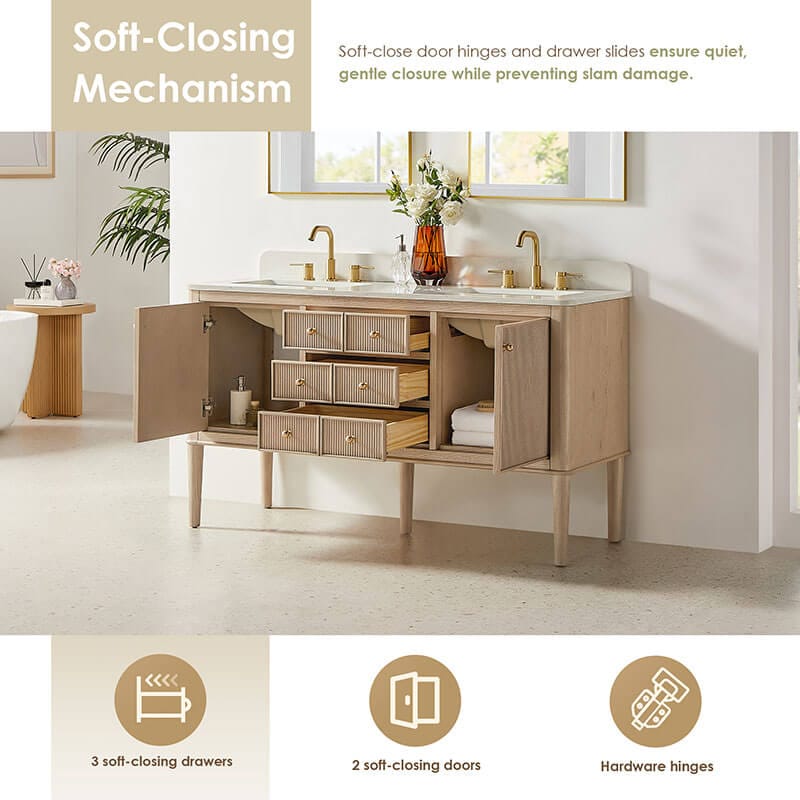 Altair Blaise 60 inch Double Bathroom Vanity with Top Light Oak Soft Close Drawer