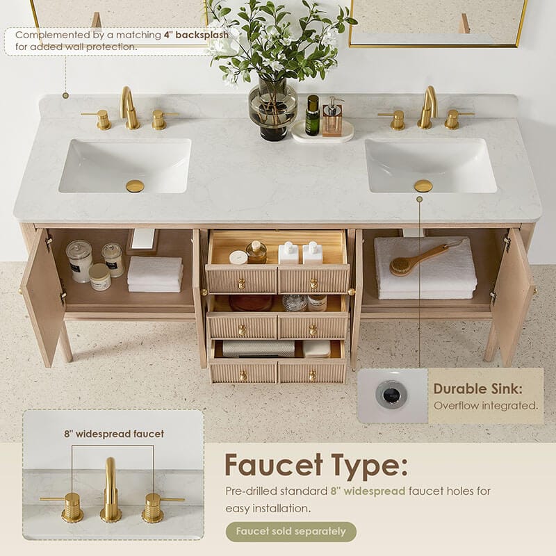 Altair Blaise 72 Double Bathroom Vanity with Top Light Oak Top View