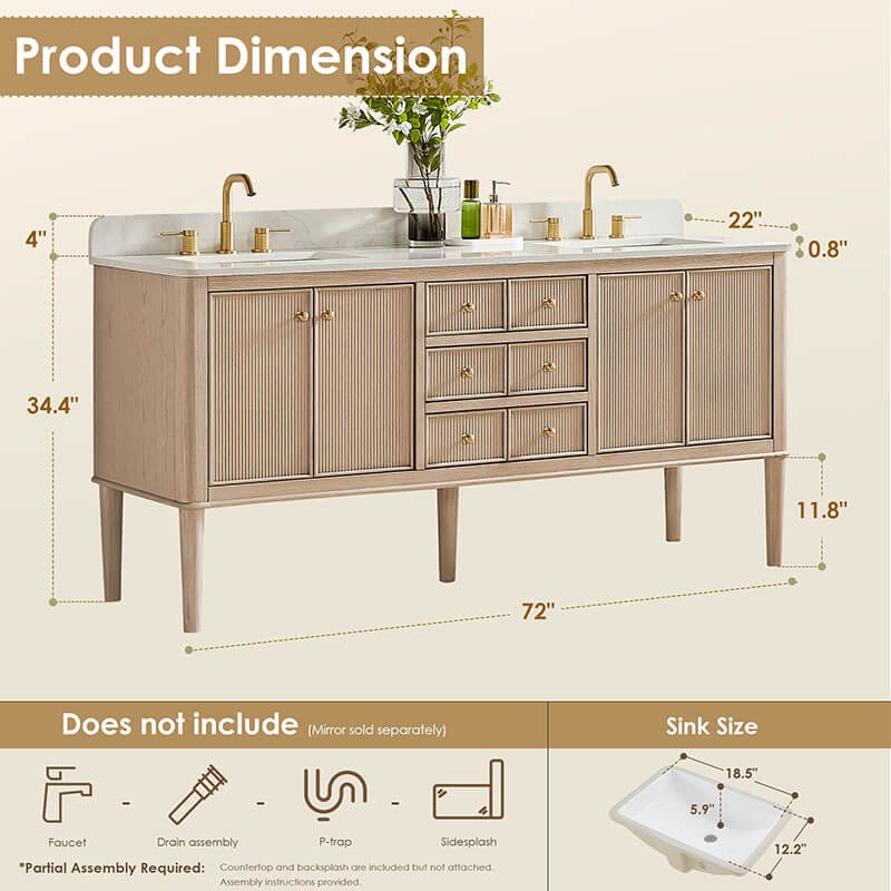 Altair Blaise 72 inch Double Bathroom Vanity with Top Light Oak Dimension