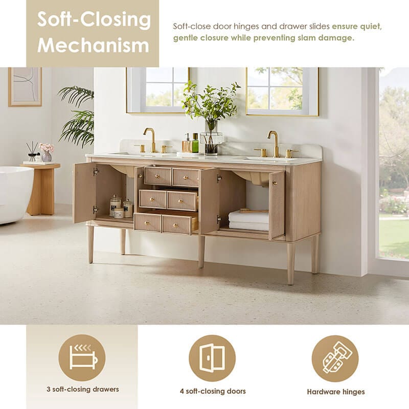Altair Blaise 72 inch Double Bathroom Vanity with Top Light Oak Soft Close Drawer