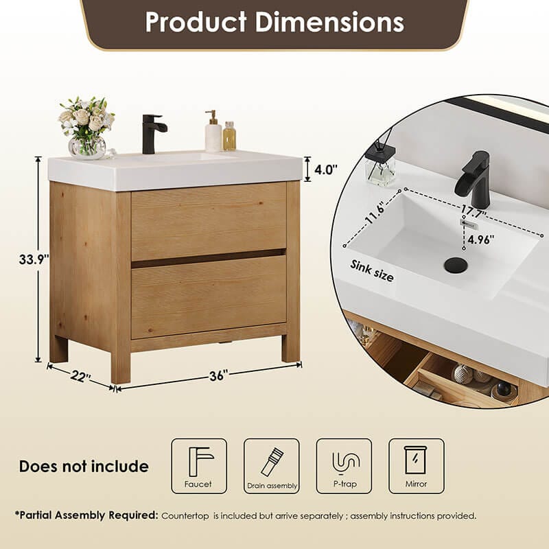 Altair Cascadia 36 inch Single Bathroom Vanity with Top Weathered Fir Dimension