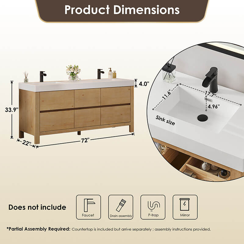 Altair Cascadia 72 inch Double Bathroom Vanity with Top Weathered Fir Dimension