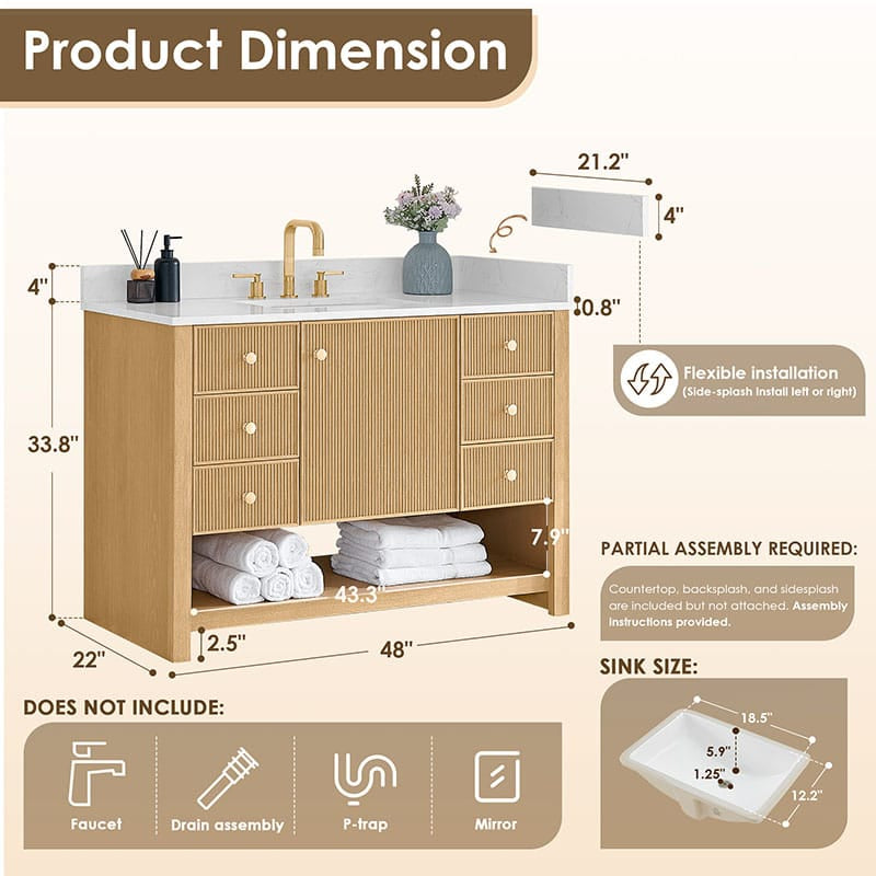 Altair Cecil 48 Single Bathroom Vanity with Top White Oak Dimension