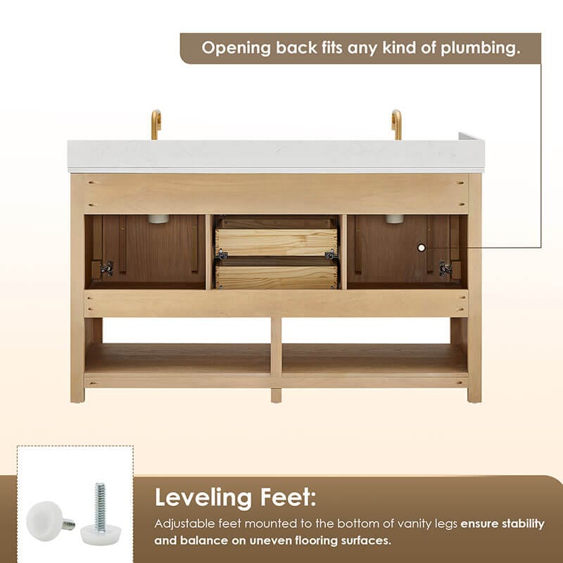 Altair Cecil 60 inch Double Bathroom Vanity with Top White Oak BAck View