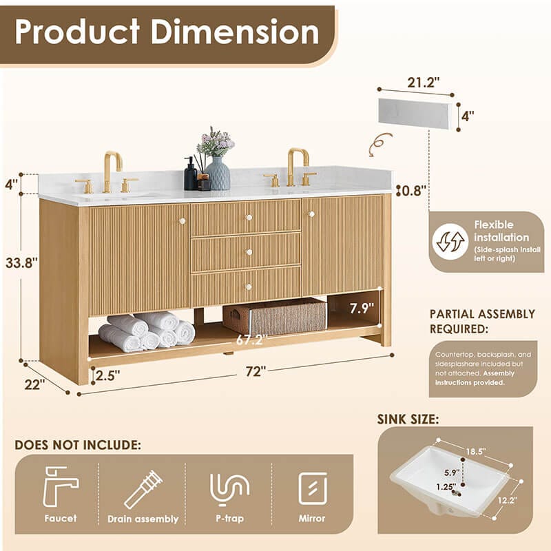 Altair Cecil 72 Double Bathroom Vanity with Top White Oak Dimension