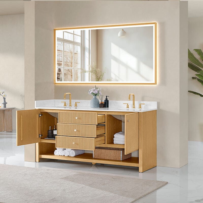 Altair Cecil 72 Double Bathroom Vanity with Top White Oak Open Drawer