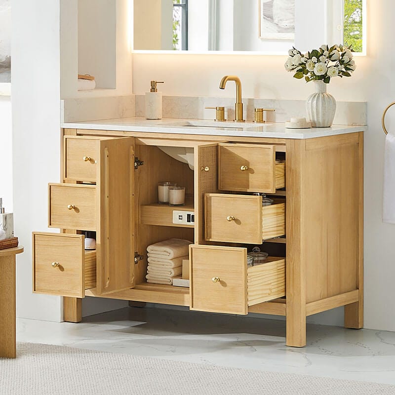 Altair Cedar 48 Single Bathroom Vanity with Top Natural Wood Open Drawer