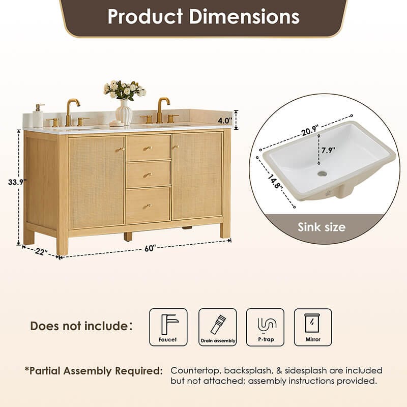 Altair Cedar 60 Double Bathroom Vanity with Top Natural Wood Dimension