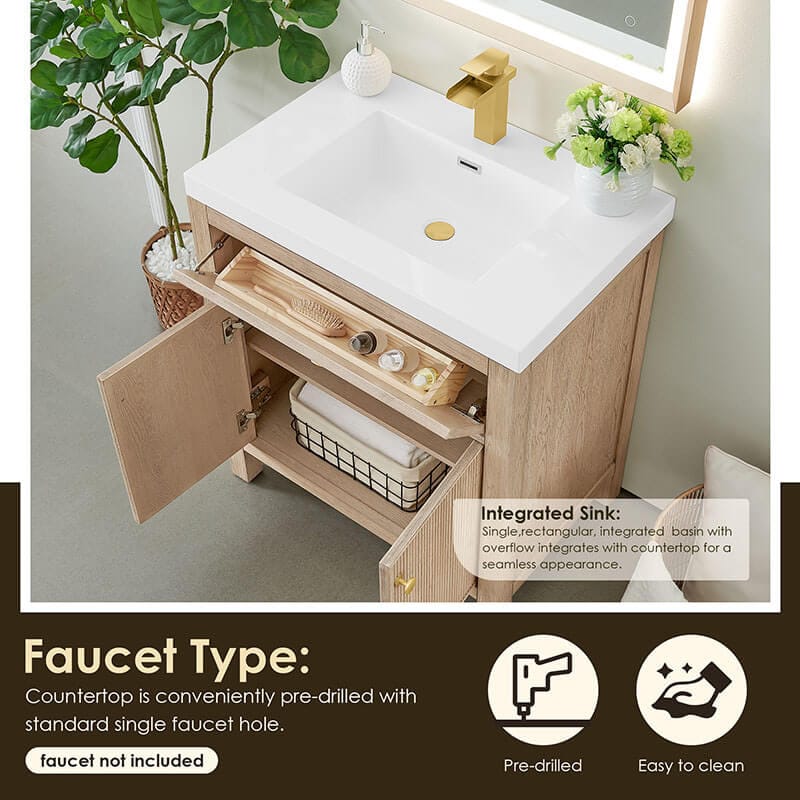 Altair Cerrito 30 Inch Single Bathroom Vanity with Top Natural Oak Free Drilled
