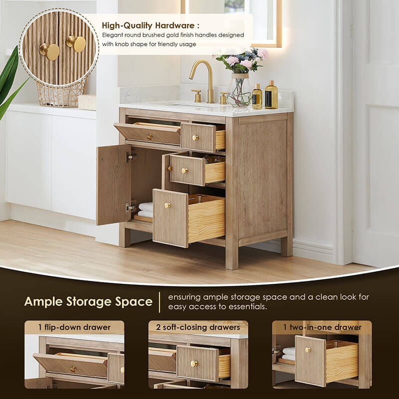 Altair Cerrito 36 inch Single Bathroom Vanity with Top Natural Oak Hardware