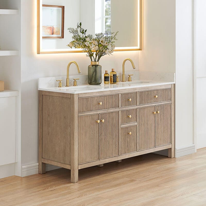 Altair Cerrito 60 inch Double Bathroom Vanity with Top Natural Oak Corner View