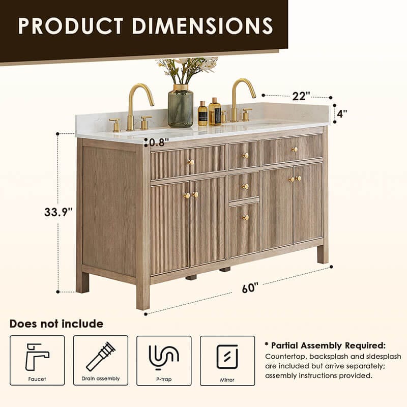 Altair Cerrito 60 inch Double Bathroom Vanity with Top Natural Oak Dimensions