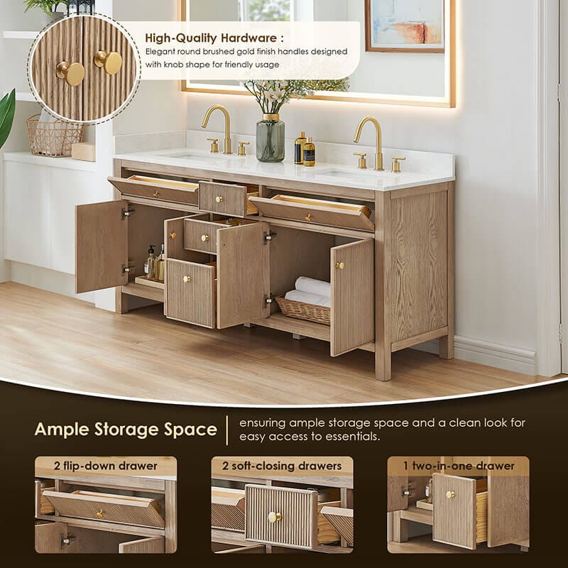 Altair Cerrito 72 Double Bathroom Vanity with Top Natural Oak Hardware