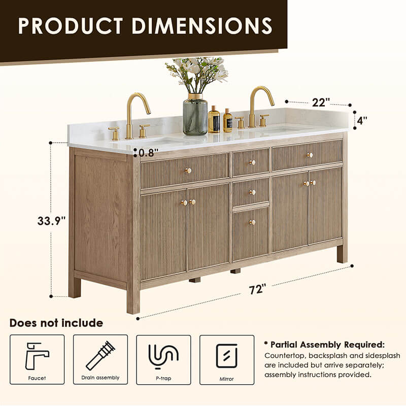 Altair Cerrito 72 inch Double Bathroom Vanity with Top Natural Oak Dimension