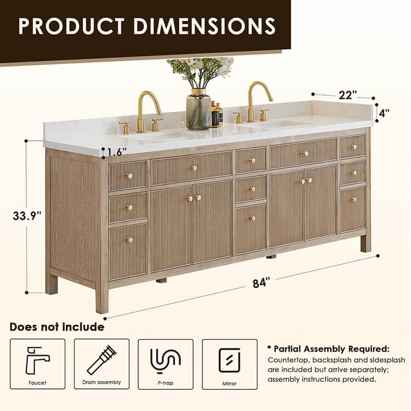 Altair Cerrito 84 inch Double Bathroom Vanity with Top Natural Oak Dimensions