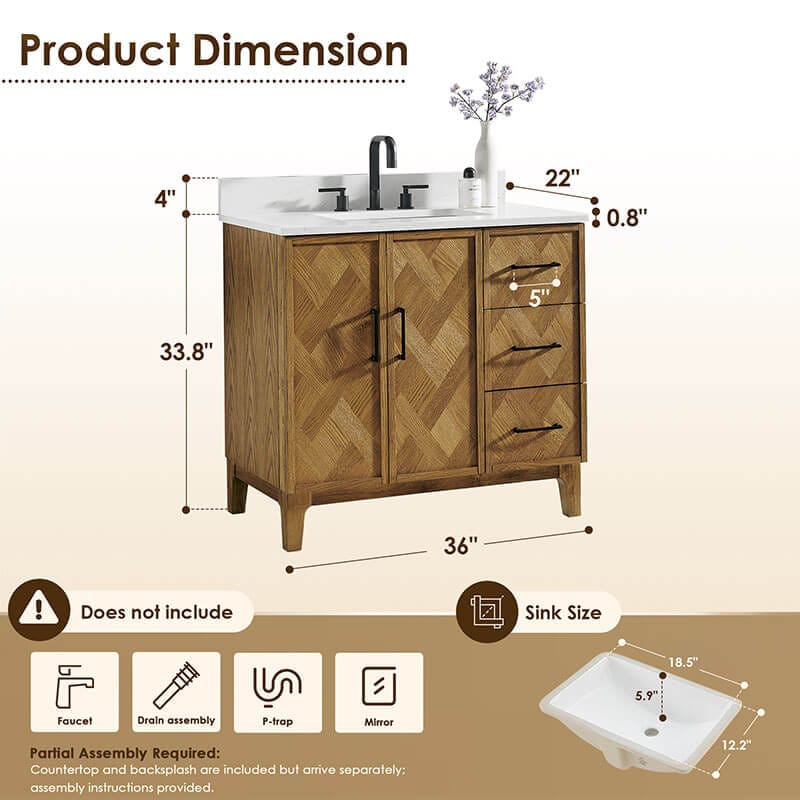 Altair Clara 36 Single Bathroom Vanity with Top Weathered Brown Dimension