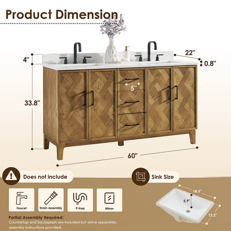 Altair Clara 60 Double Bathroom Vanity with Top Weathered Brown Dimension