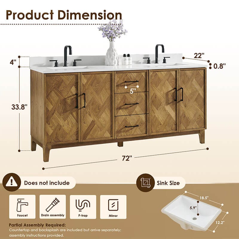 Altair Clara 72 Double Bathroom Vanity with Top Weathered Brown Dimension