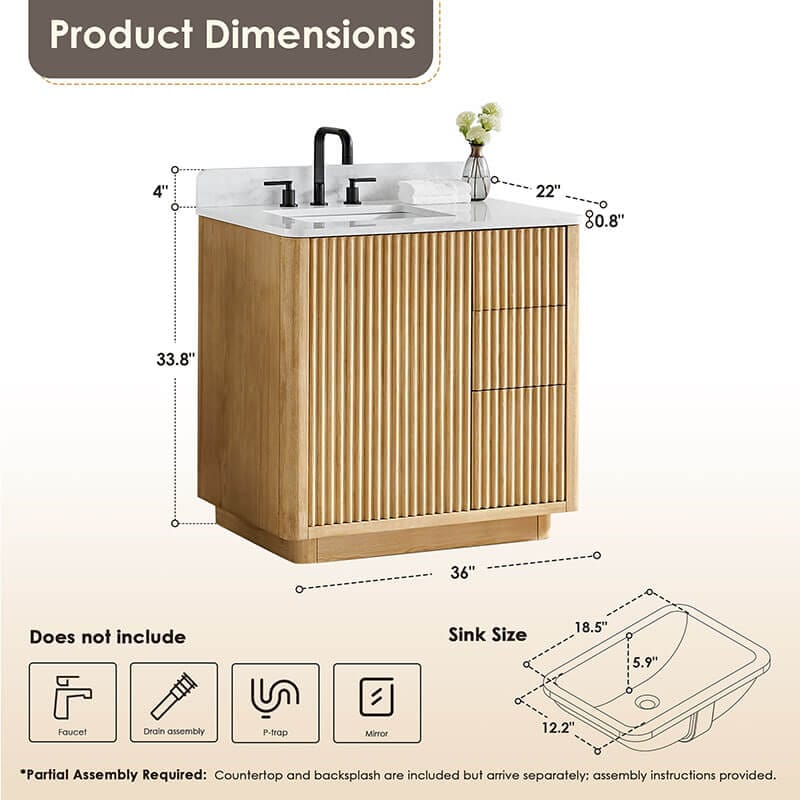 Altair Clayton 36 inch Single Bathroom Vanity with Top Washed Light Brown Dimensions