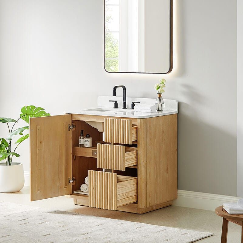Altair Clayton 36 Single Bathroom Vanity with Top Washed Light Brown Open Drawer