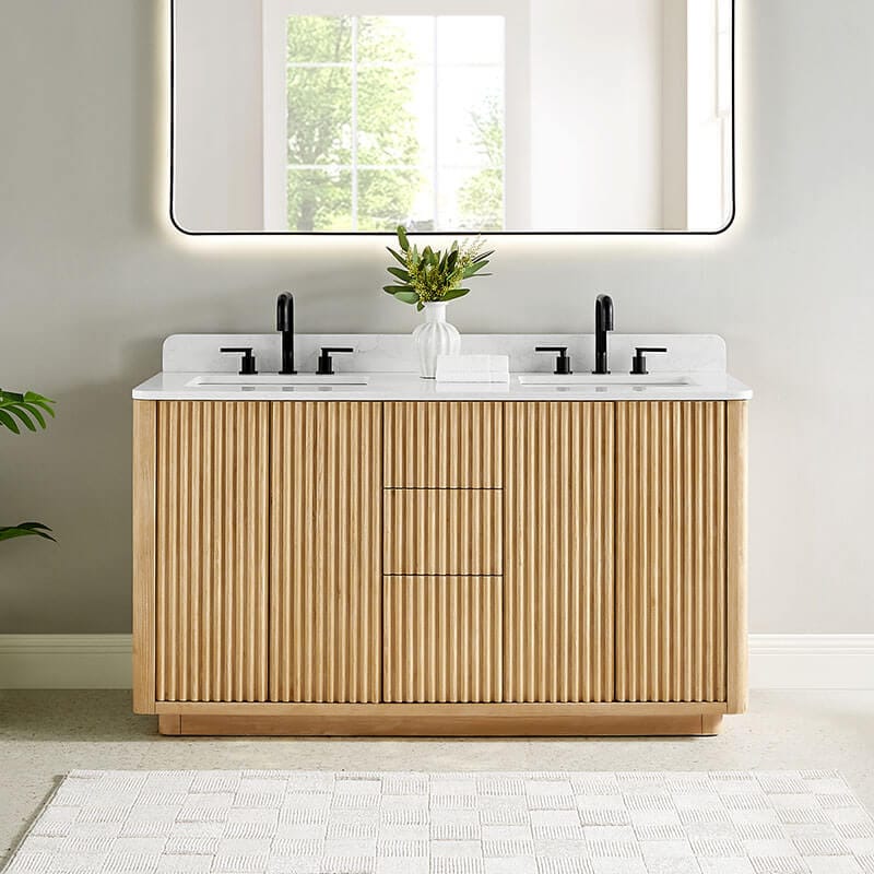Altair Clayton 60 inch Double Bathroom Vanity with Top Washed Light Brown Front View