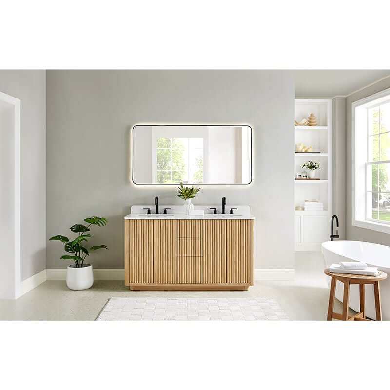 Altair Clayton 60 inch Double Bathroom Vanity with Top Washed Light Brown Lifestyle Front View
