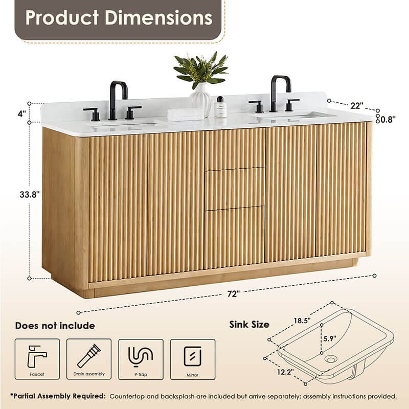 Altair Clayton 72 Double Bathroom Vanity with Top Washed Light Brown Dimension
