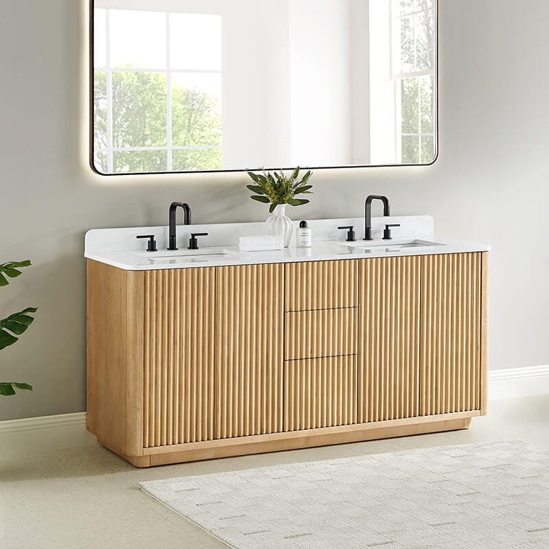 Altair Clayton 72 inch Double Bathroom Vanity with Top Washed Light Brown Corner View