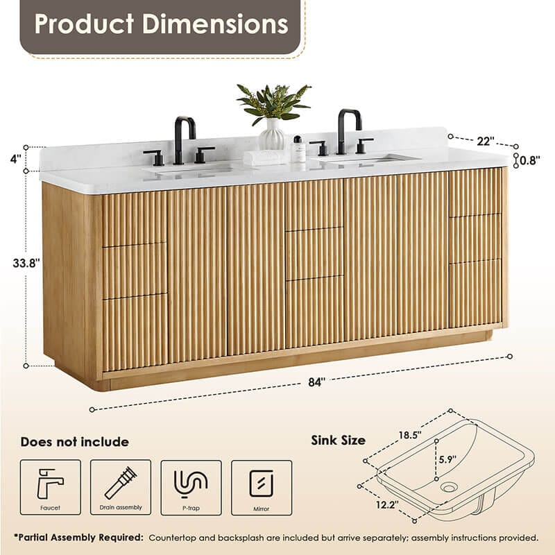 Altair Clayton 84 Double Bathroom Vanity with Top Washed Light Brown Dimension