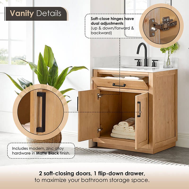 Altair Gavino 30 Single Bathroom Vanity with Top Light Brown Drawer Detail