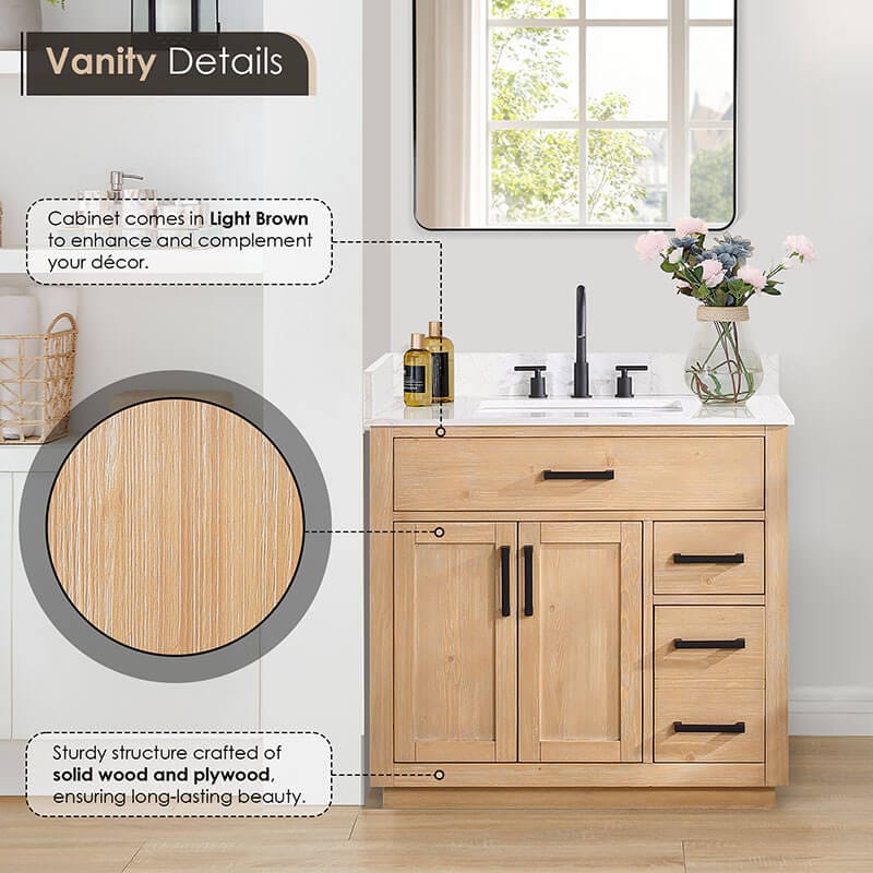 Altair Gavino 36 Inch Single Bathroom Vanity With Top Light Brown